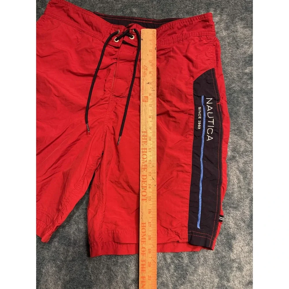 Nautica Mens Swimwear Size M Board Shorts Red Nylon Colorblock Swim Trunks 31 In